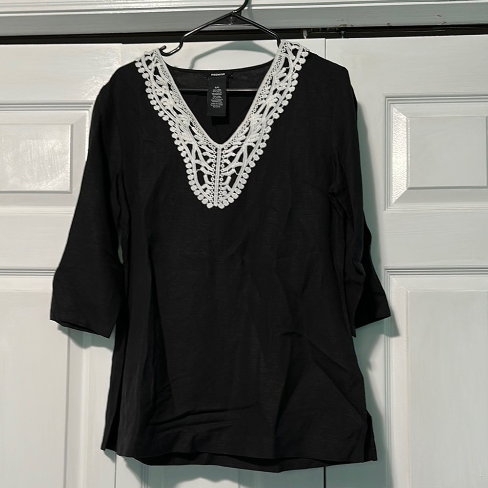 Premise Black Blouse with White Lace Collar